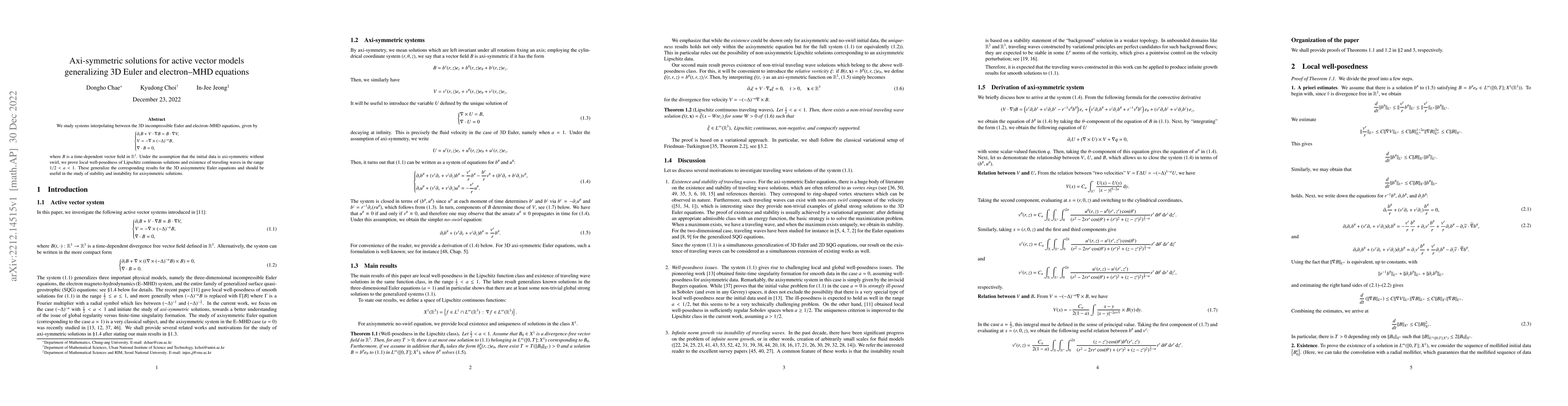 Thumbnail for Axi-symmetric solutions for active vector models generalizing 3D Euler
  and electron--MHD equations