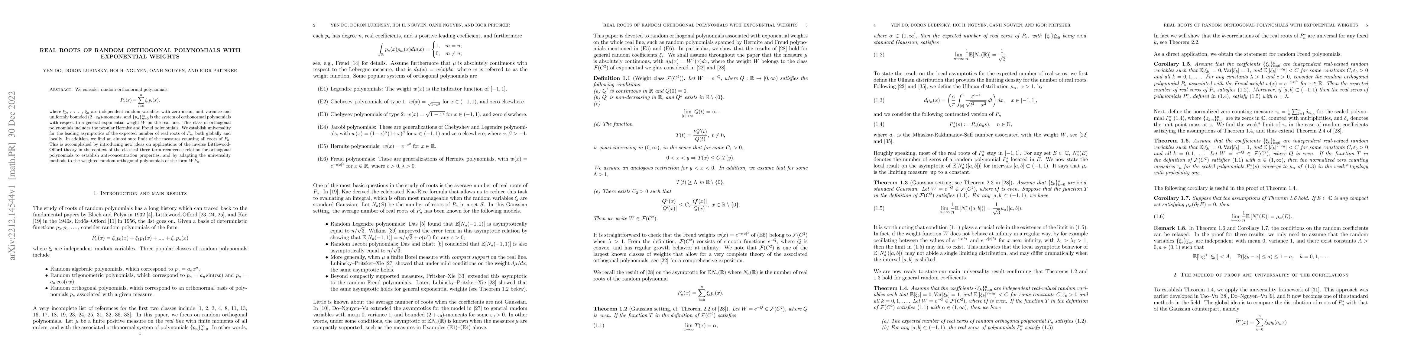 Thumbnail for Real roots of random orthogonal polynomials with exponential weights