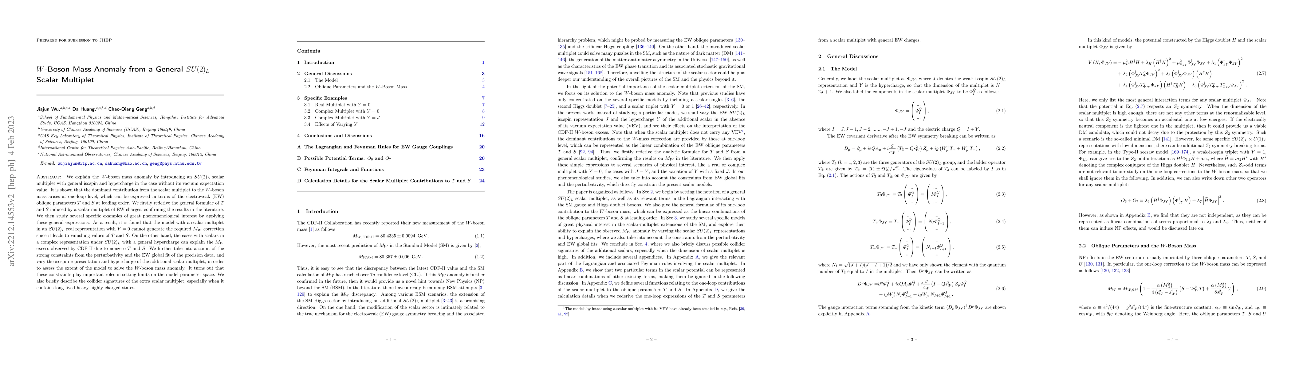 Thumbnail for $W$-Boson Mass Anomaly from a General $SU(2)_{L}$ Scalar Multiplet
