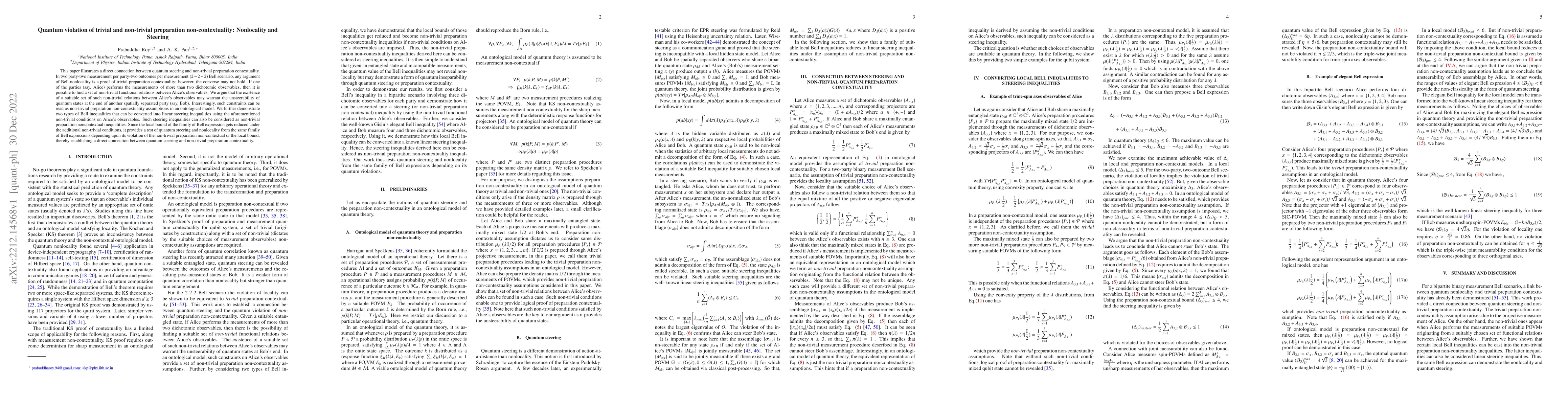 Thumbnail for Quantum violation of trivial and non-trivial preparation
  non-contextuality: Nonlocality and Steering