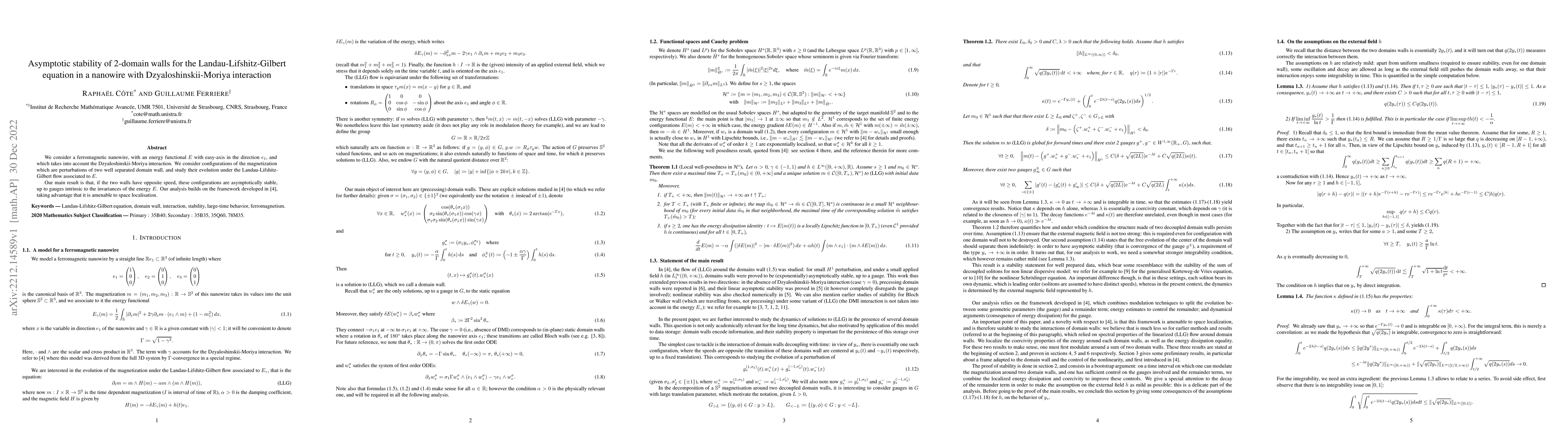 Thumbnail for Asymptotic stability of 2-domain walls for the Landau-Lifshitz-Gilbert
  equation in a nanowire with Dzyaloshinskii-Moriya interaction