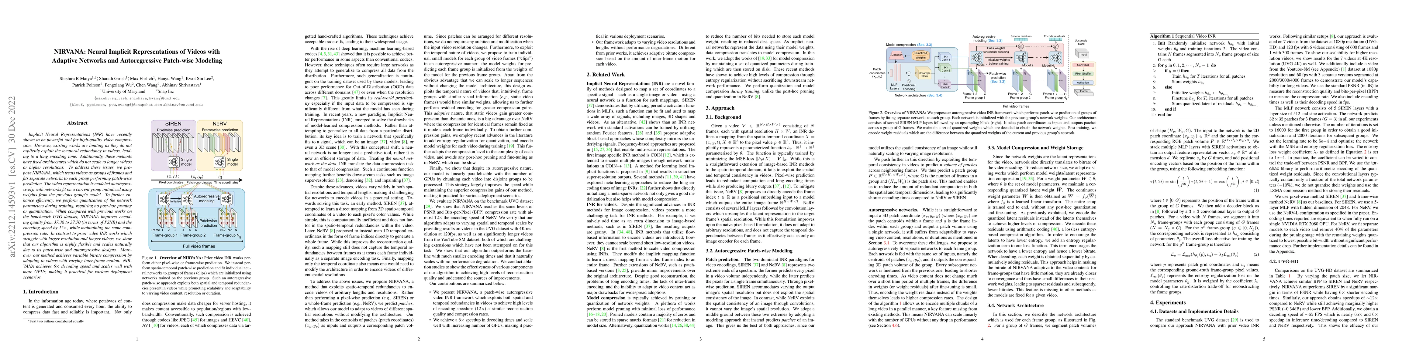 Thumbnail for NIRVANA: Neural Implicit Representations of Videos with Adaptive
  Networks and Autoregressive Patch-wise Modeling