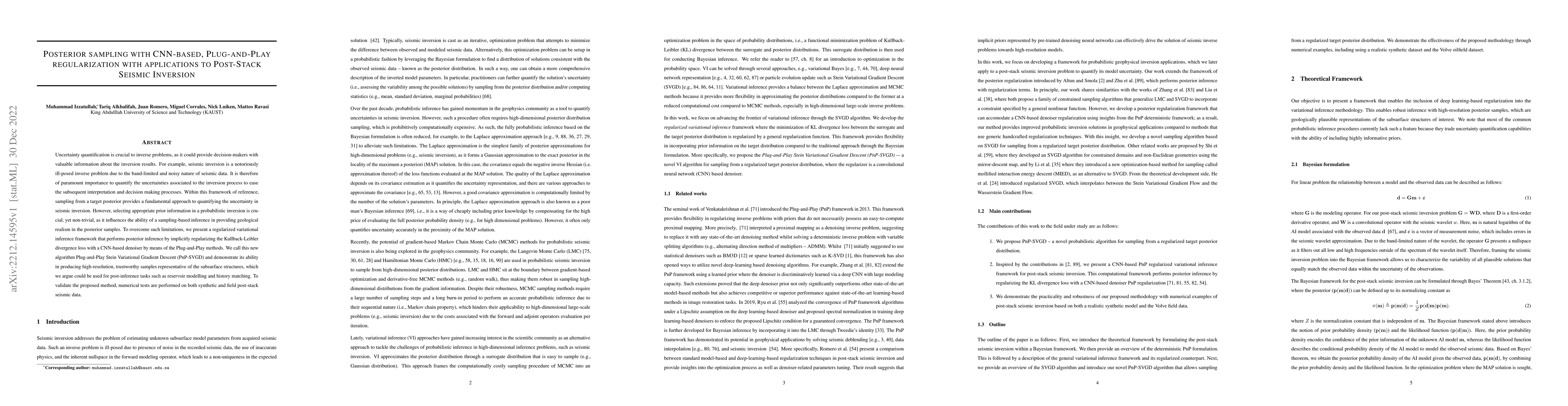 Thumbnail for Posterior sampling with CNN-based, Plug-and-Play regularization with
  applications to Post-Stack Seismic Inversion