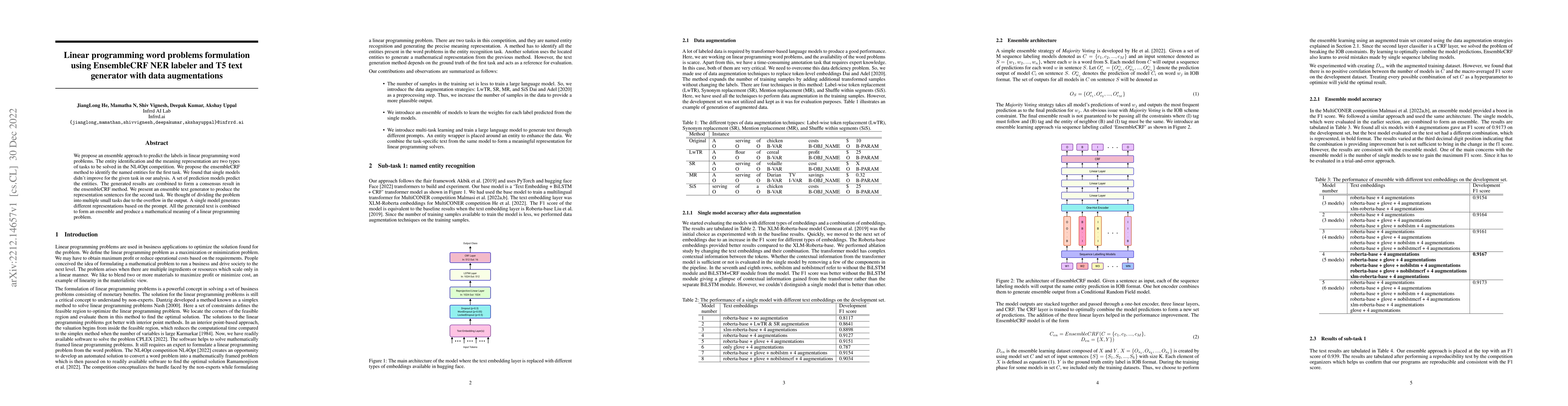 Thumbnail for Linear programming word problems formulation using EnsembleCRF NER
  labeler and T5 text generator with data augmentations