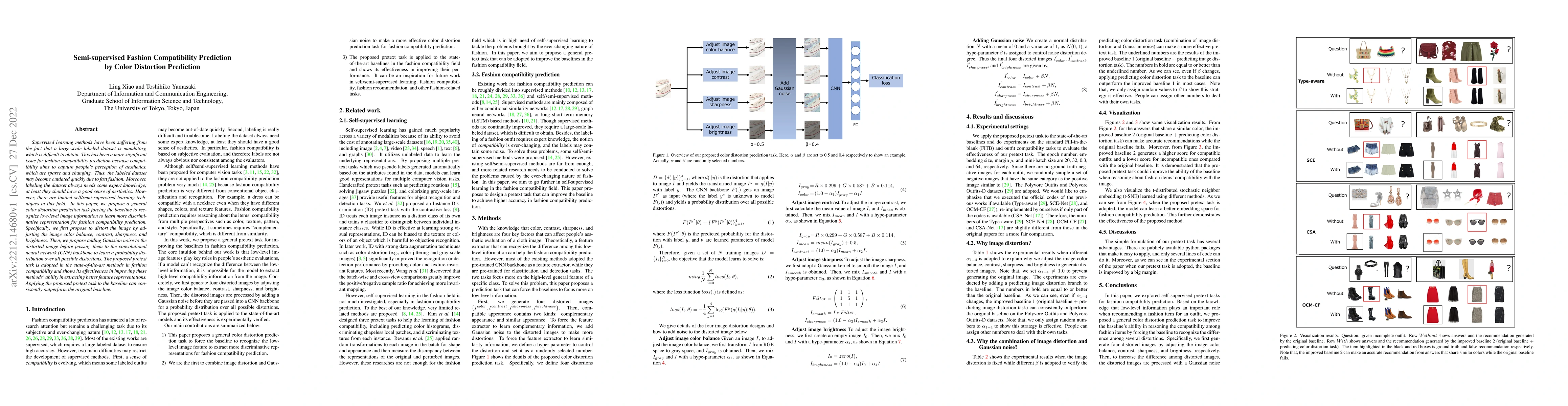Thumbnail for Semi-supervised Fashion Compatibility Prediction by Color Distortion
  Prediction