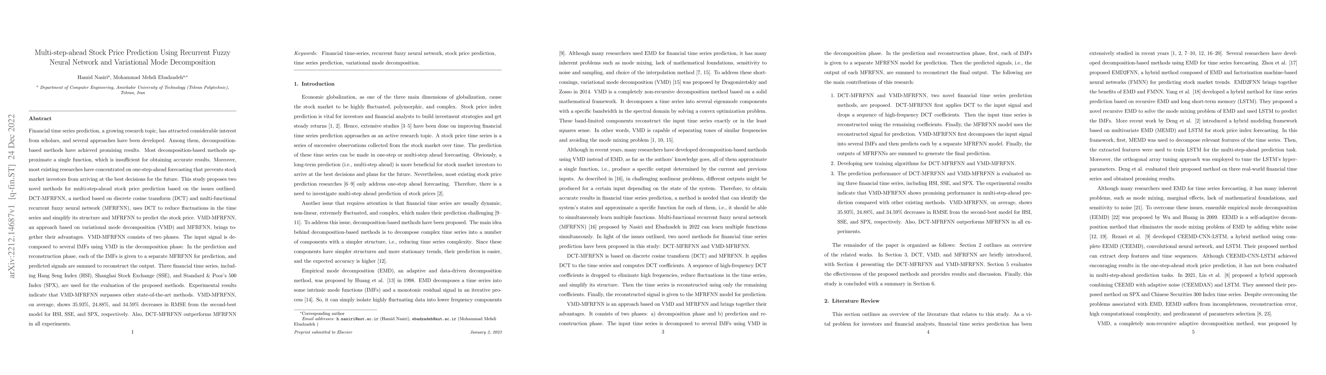 Thumbnail for Multi-step-ahead Stock Price Prediction Using Recurrent Fuzzy Neural
  Network and Variational Mode Decomposition