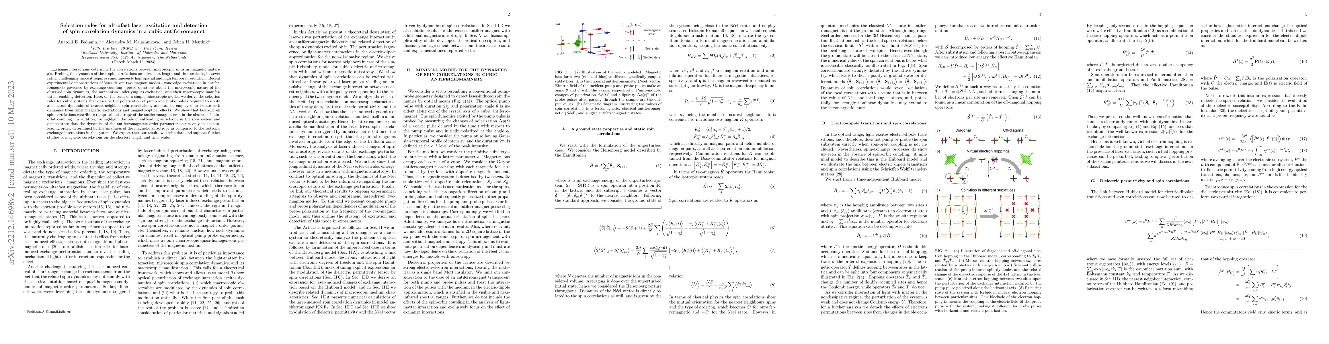 Thumbnail for Selection rules for ultrafast laser excitation and detection of spin
  correlations dynamics in a cubic antiferromagnet
