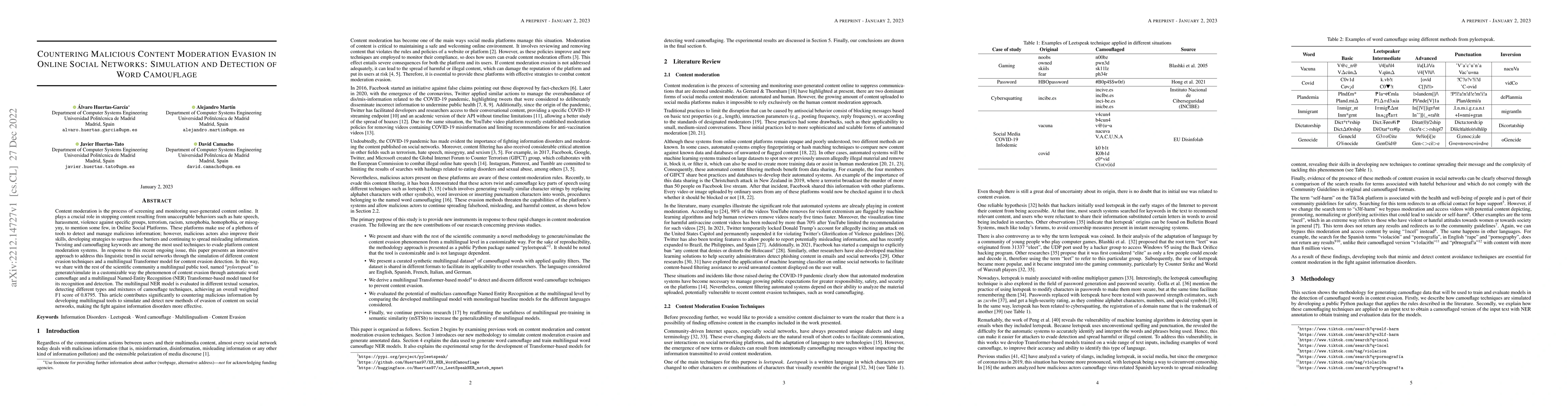 Thumbnail for Countering Malicious Content Moderation Evasion in Online Social
  Networks: Simulation and Detection of Word Camouflage