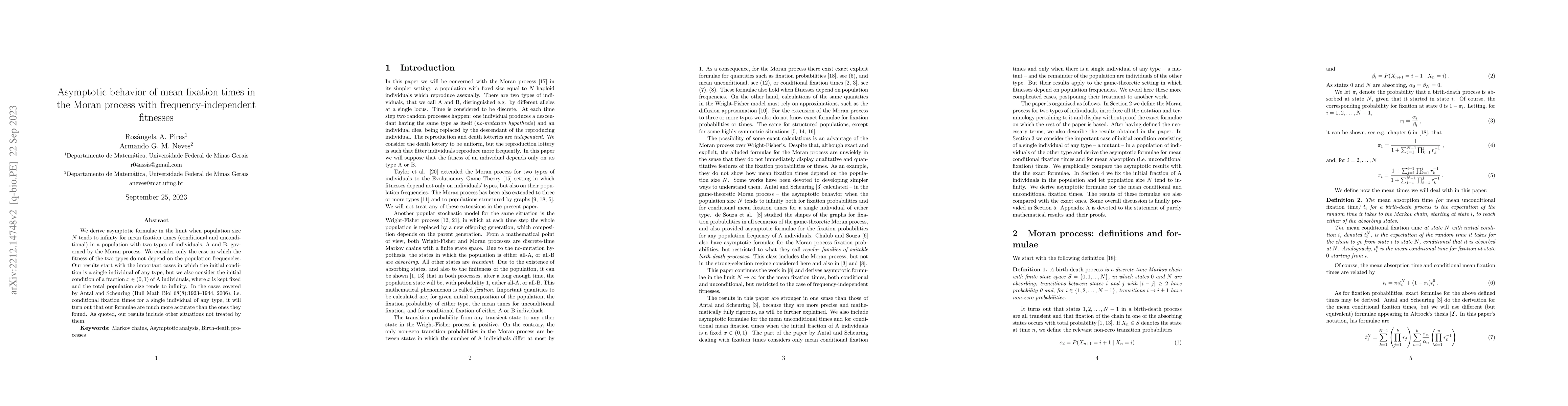 Thumbnail for Asymptotic behavior of mean fixation times in the Moran process with
  frequency-independent fitnesses