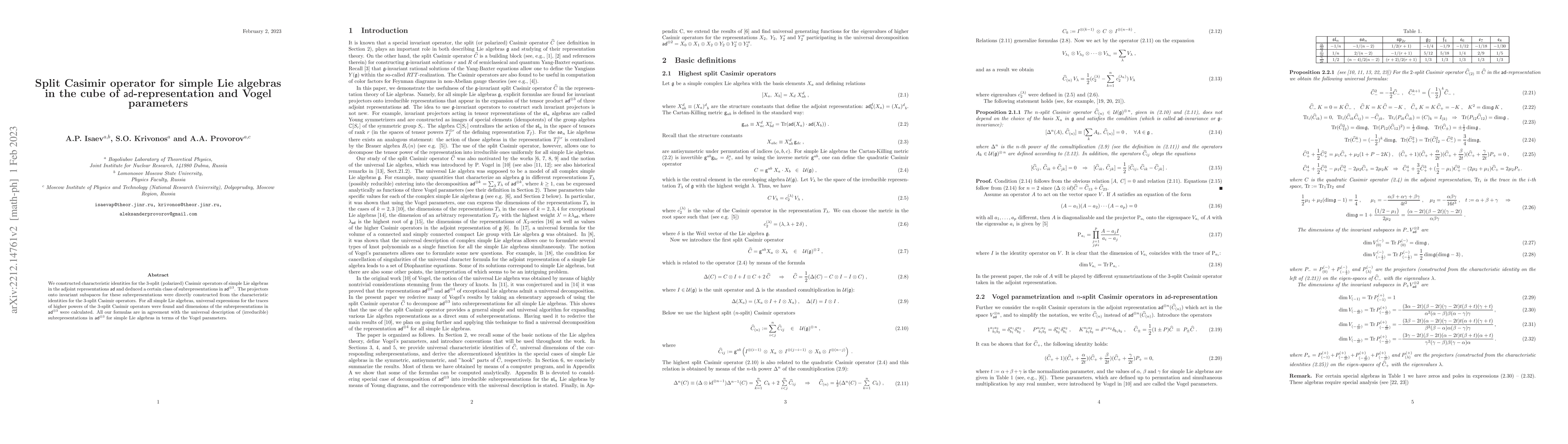 Thumbnail for Split Casimir operator for simple Lie algebras in the cube of
  $\mathsf{ad}$-representation and Vogel parameters