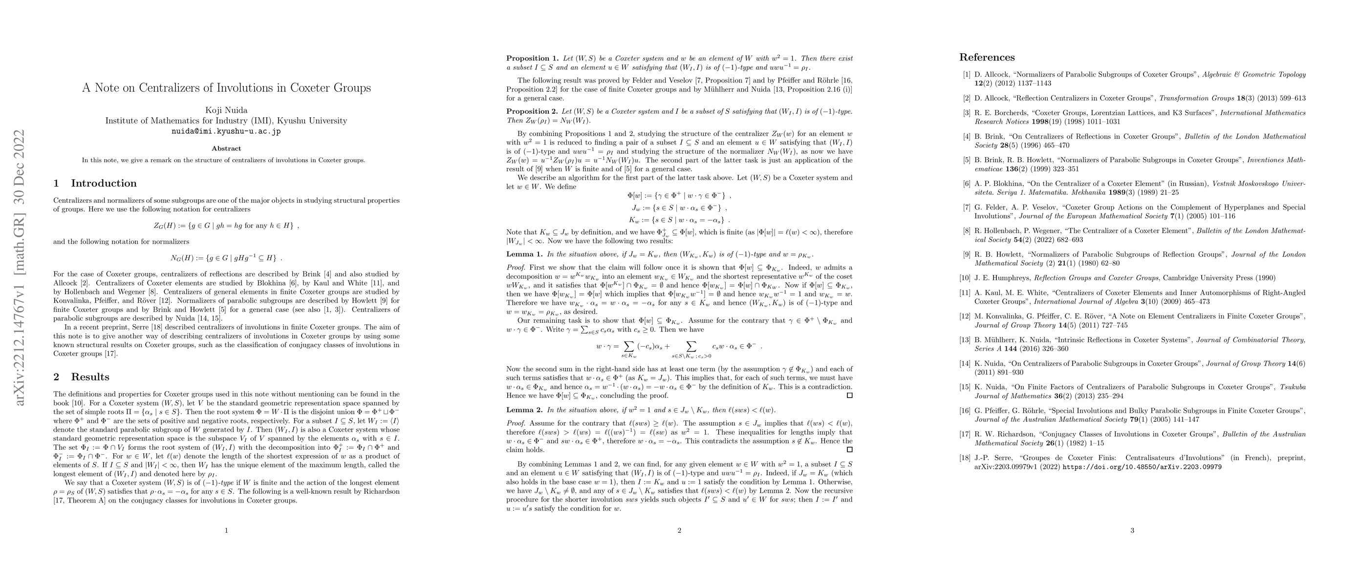 Thumbnail for A Note on Centralizers of Involutions in Coxeter Groups