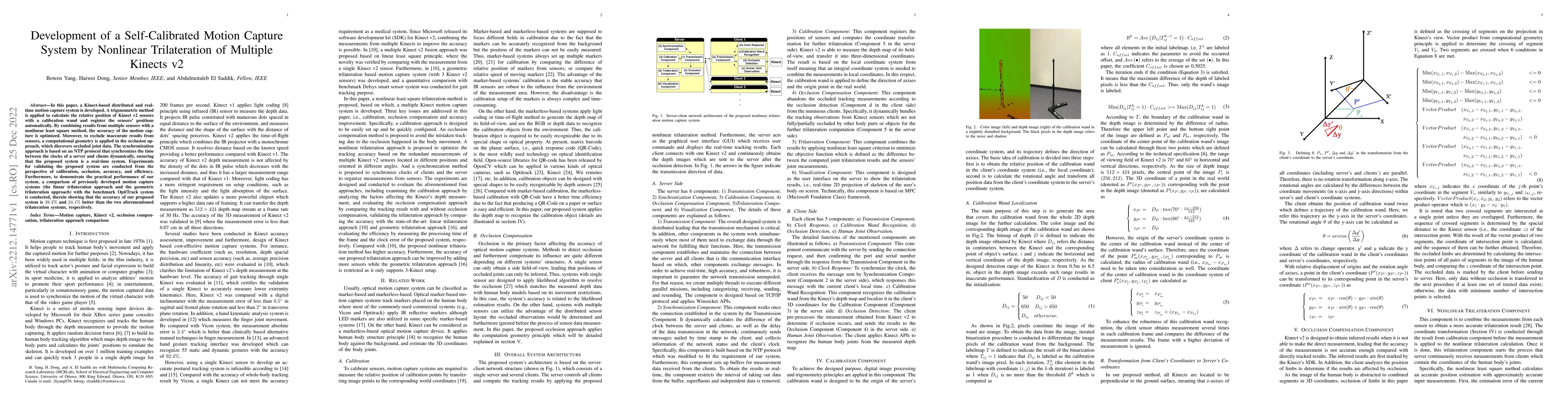 Thumbnail for Development of a Self-Calibrated Motion Capture System by Nonlinear
  Trilateration of Multiple Kinects v2
