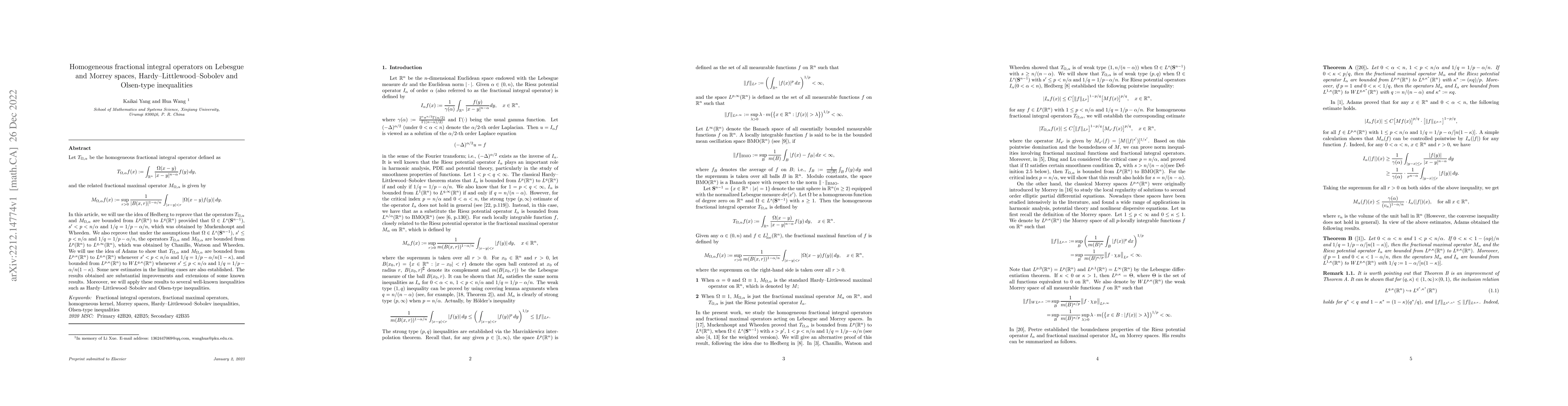 Thumbnail for Homogeneous fractional integral operators on Lebesgue and Morrey spaces,
  Hardy--Littlewood--Sobolev and Olsen-type inequalities