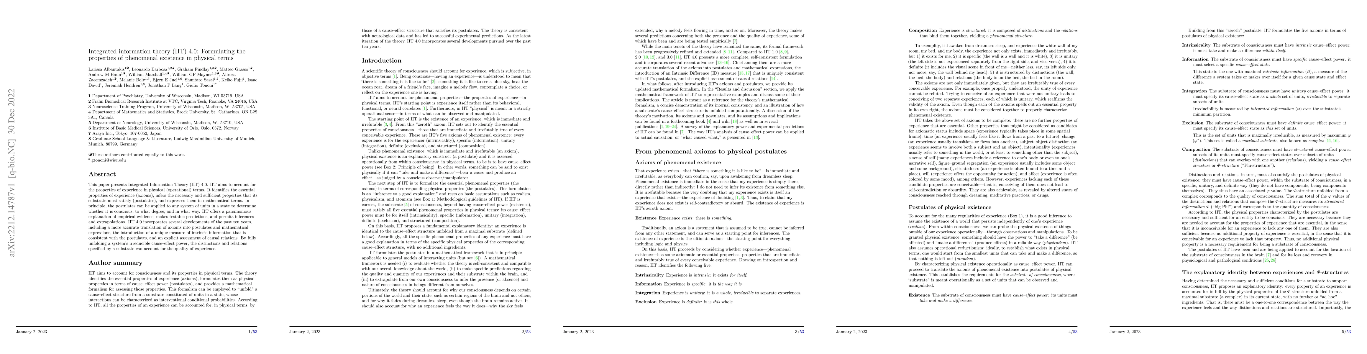 Thumbnail for Integrated information theory (IIT) 4.0: Formulating the properties of
  phenomenal existence in physical terms