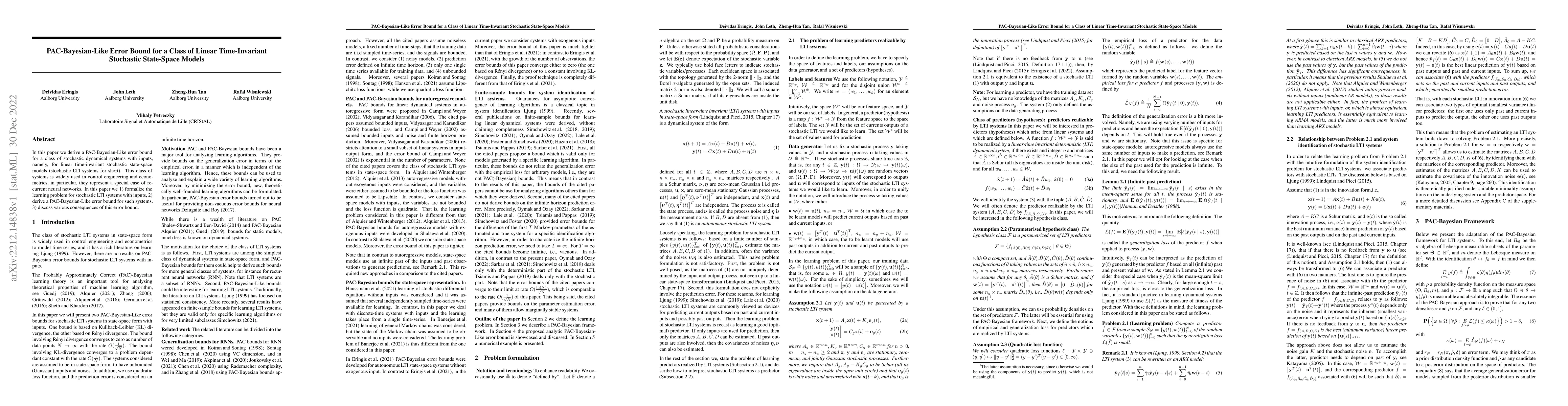 Thumbnail for PAC-Bayesian-Like Error Bound for a Class of Linear Time-Invariant
  Stochastic State-Space Models