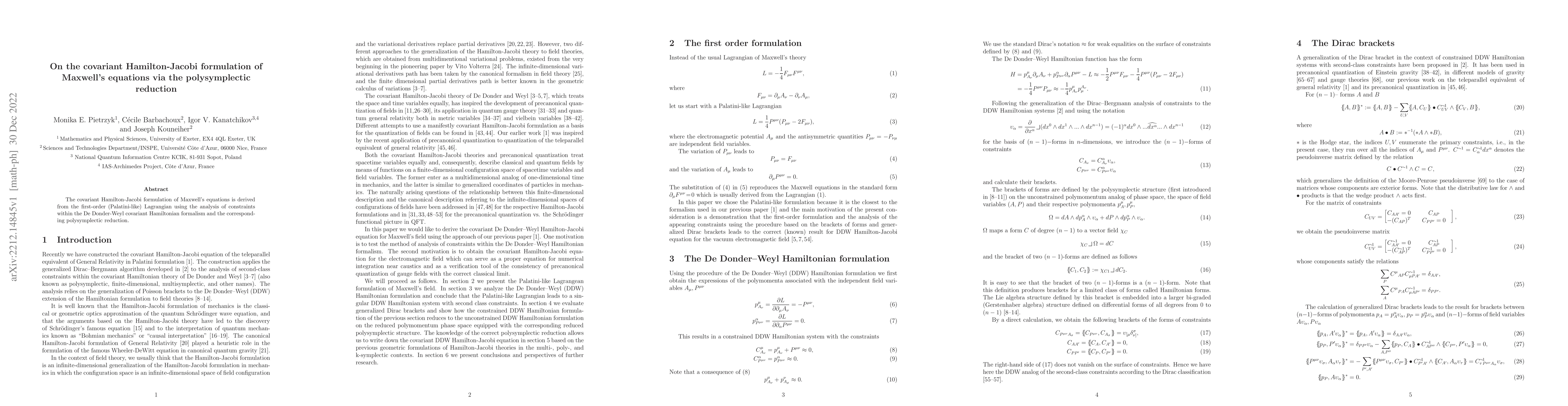 Thumbnail for On the covariant Hamilton-Jacobi formulation of Maxwell's equations via
  the polysymplectic reduction