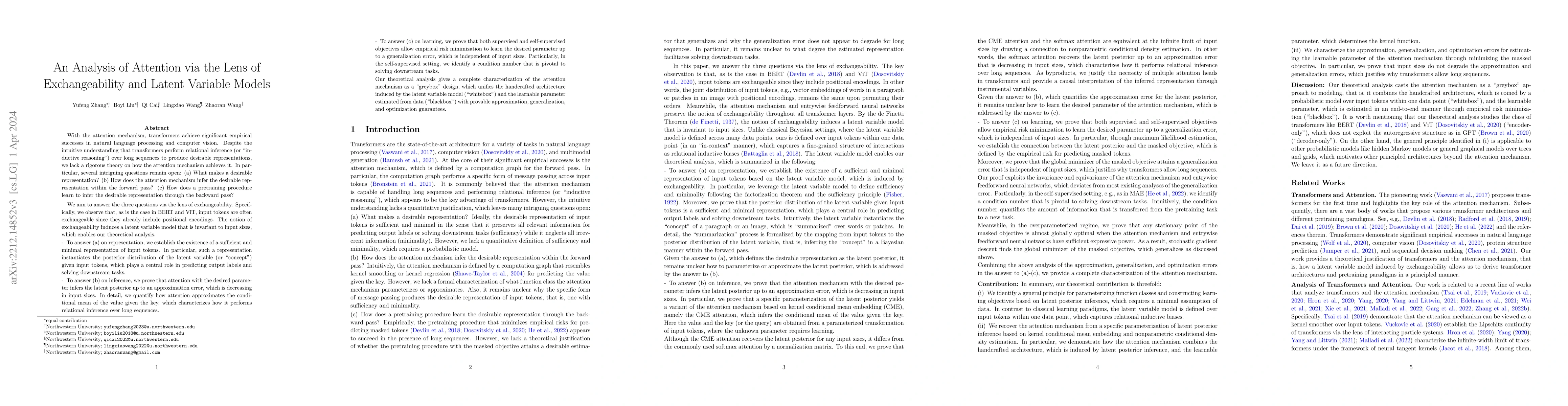 Thumbnail for An Analysis of Attention via the Lens of Exchangeability and Latent
  Variable Models