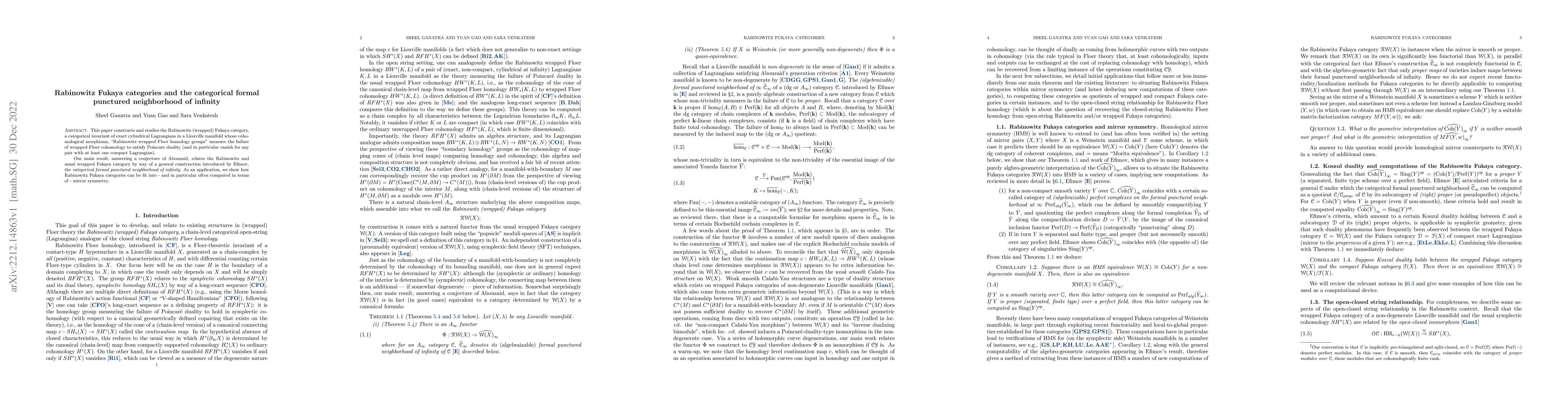 Thumbnail for Rabinowitz Fukaya categories and the categorical formal punctured
  neighborhood of infinity