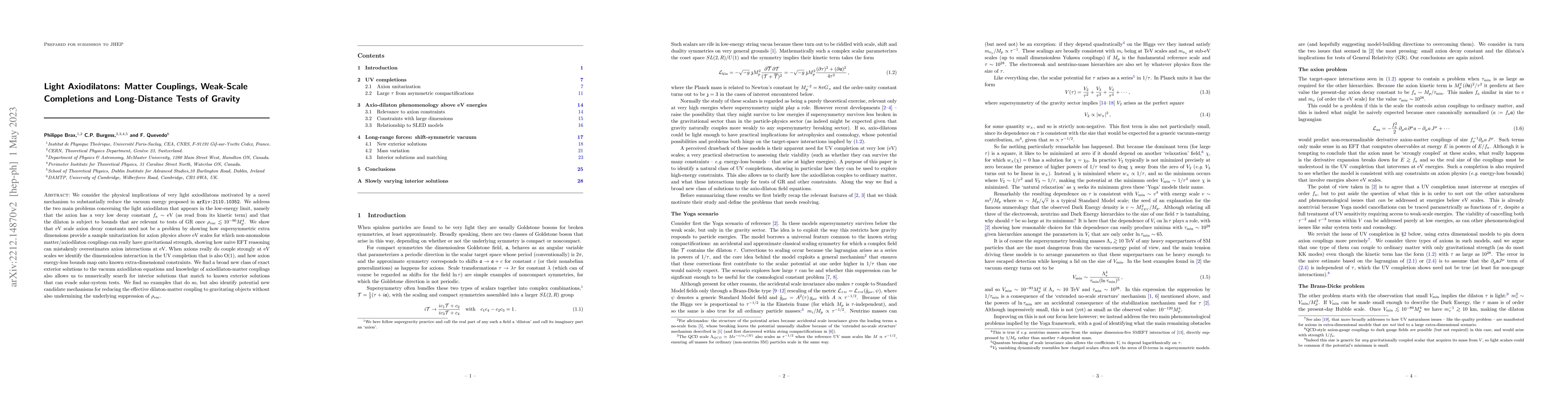 Thumbnail for Light Axiodilatons: Matter Couplings, Weak-Scale Completions and
  Long-Distance Tests of Gravity