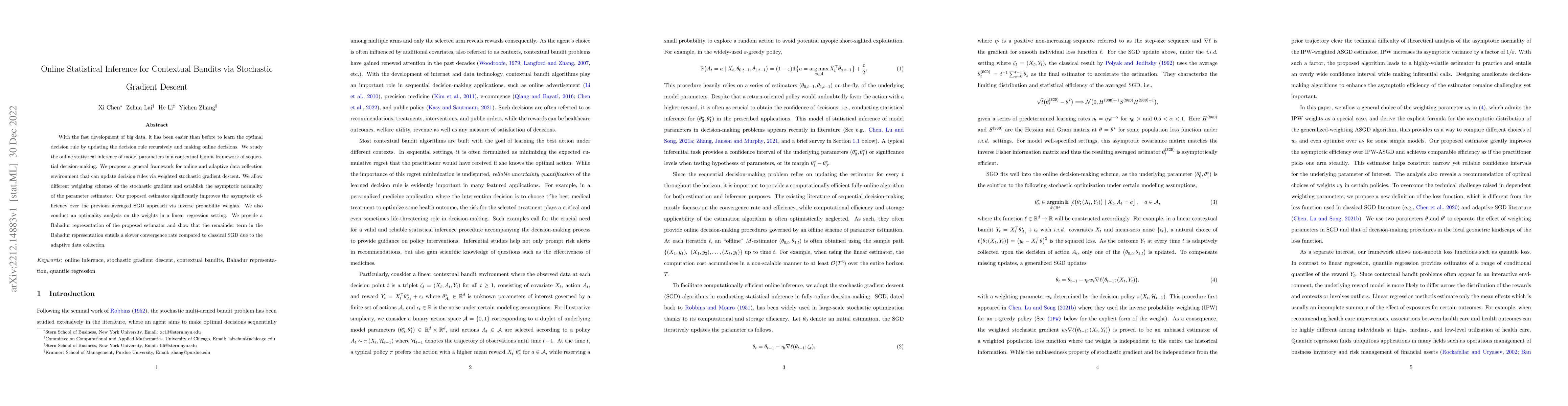 Thumbnail for Online Statistical Inference for Contextual Bandits via Stochastic
  Gradient Descent