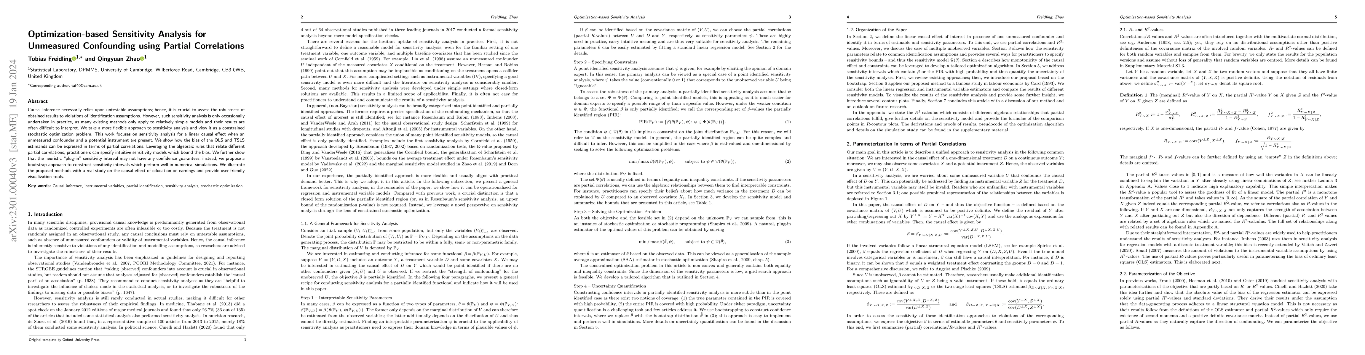 Thumbnail for Optimization-based Sensitivity Analysis for Unmeasured Confounding using
  Partial Correlations
