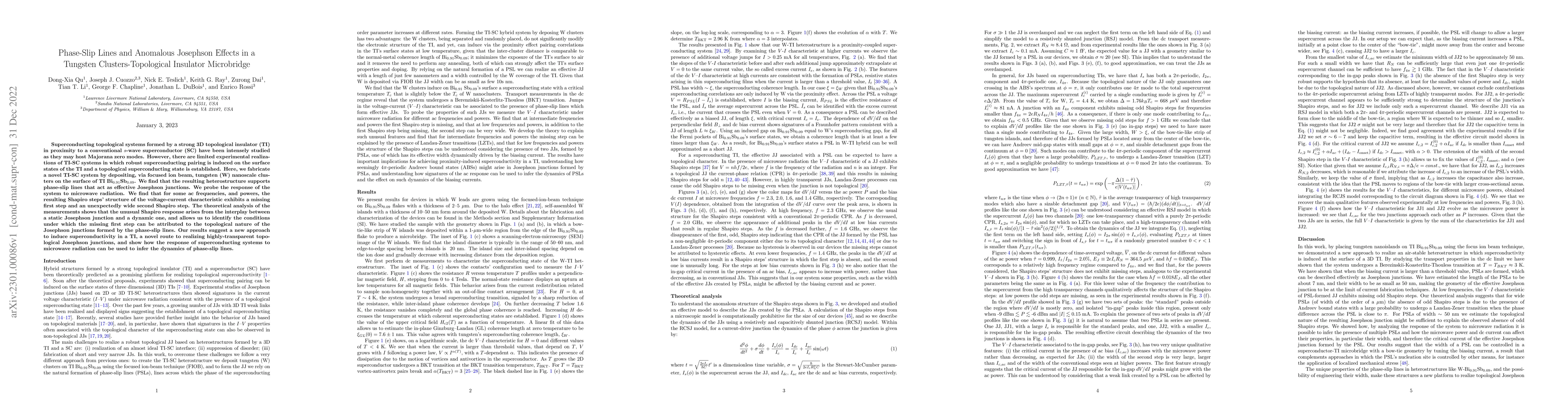Thumbnail for Phase-Slip Lines and Anomalous Josephson Effects in a Tungsten
  Clusters-Topological Insulator Microbridge
