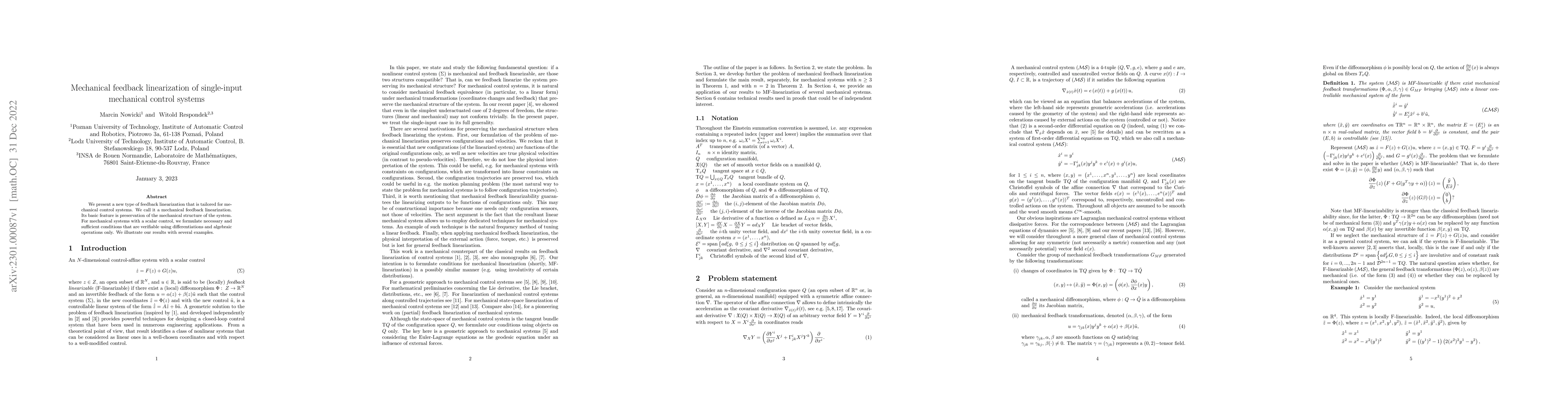 Thumbnail for Mechanical feedback linearization of single-input mechanical control
  systems