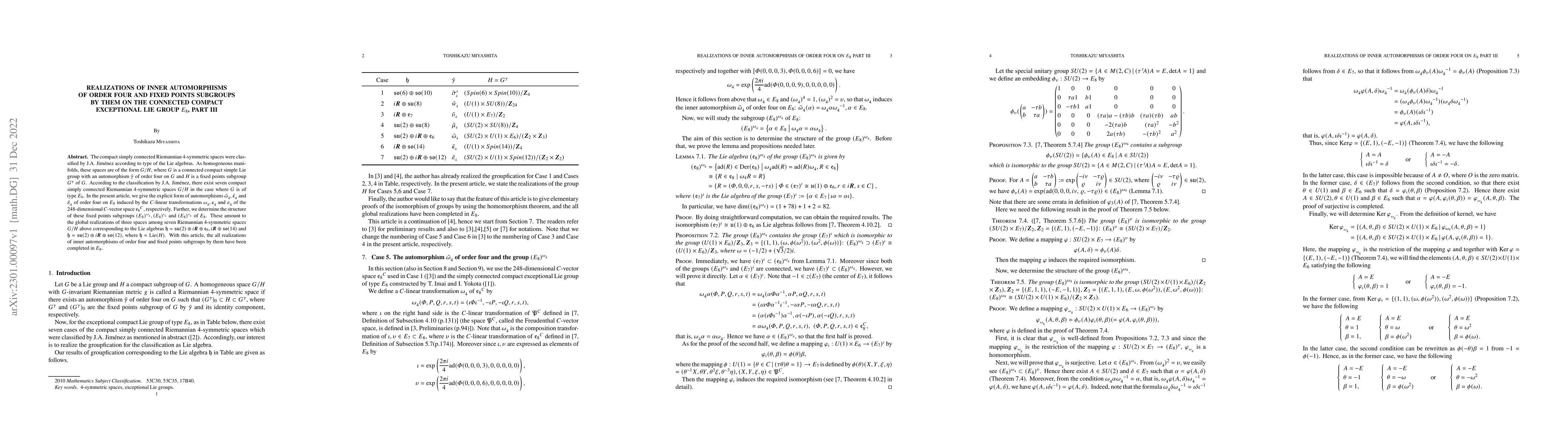 Thumbnail for Realizations of inner automorphisms of order four and fixed points
  subgroups by them on the connected compact exceptional Lie group $E_8$, Part
  III