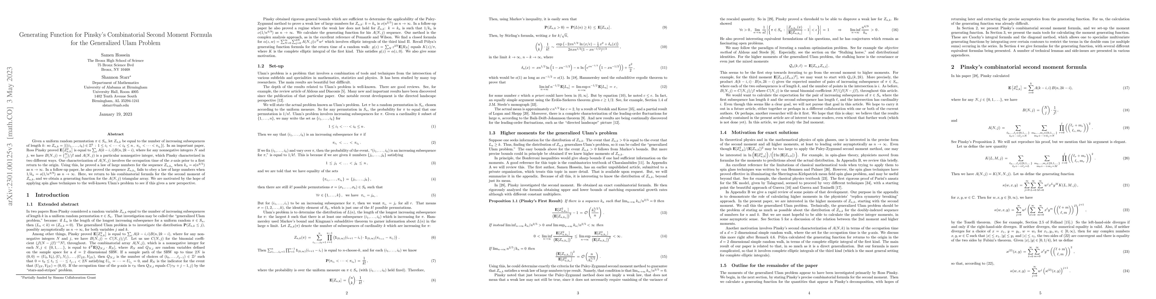 Thumbnail for Generating Function for Pinsky's Combinatorial Second Moment Formula for
  the Generalized Ulam Problem