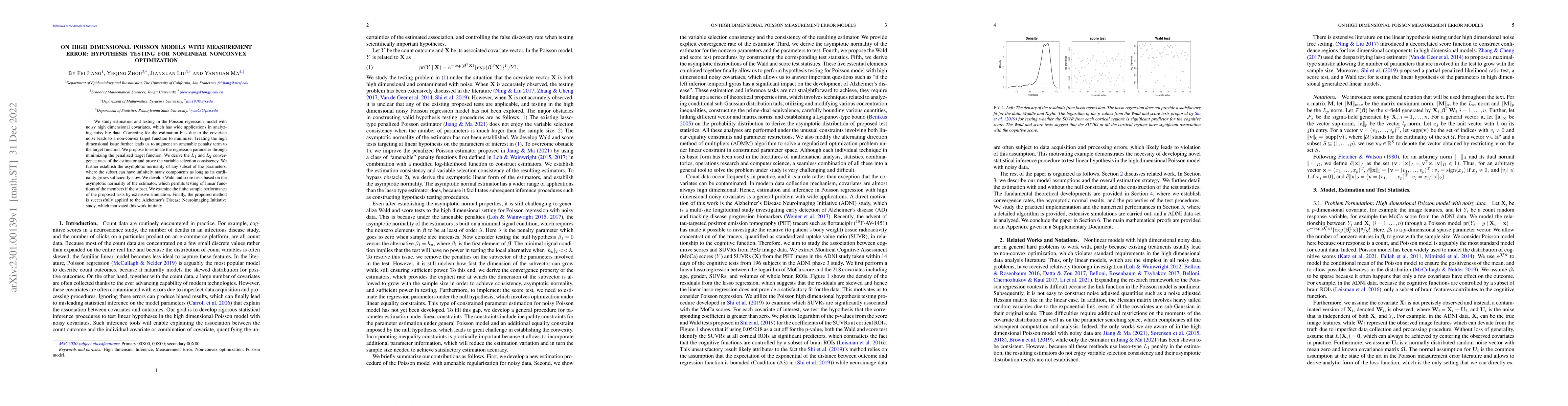 Thumbnail for On High dimensional Poisson models with measurement error: hypothesis
  testing for nonlinear nonconvex optimization