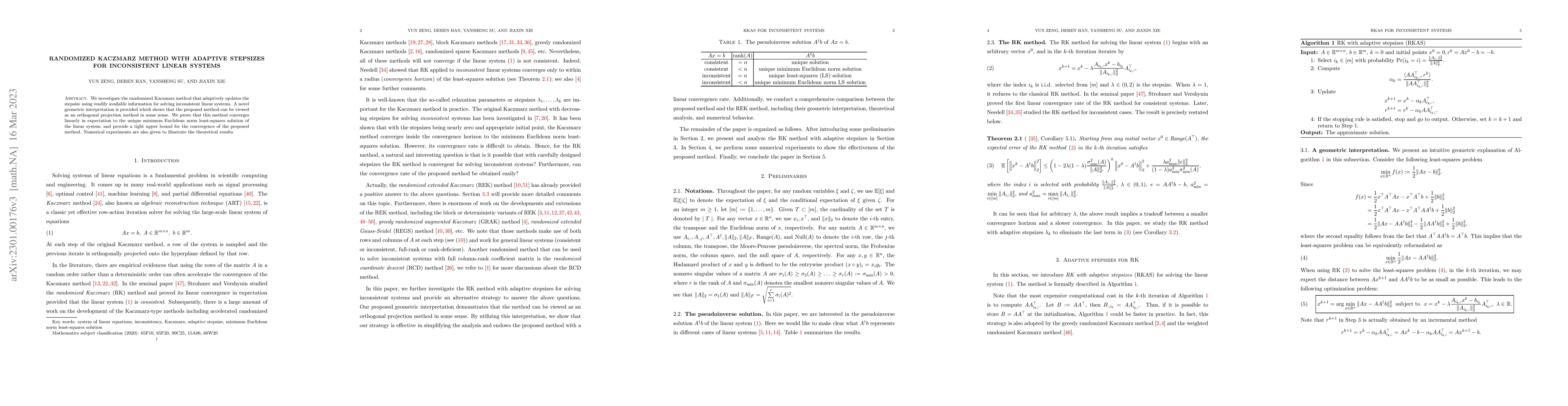 Thumbnail for Randomized Kaczmarz method with adaptive stepsizes for inconsistent
  linear systems