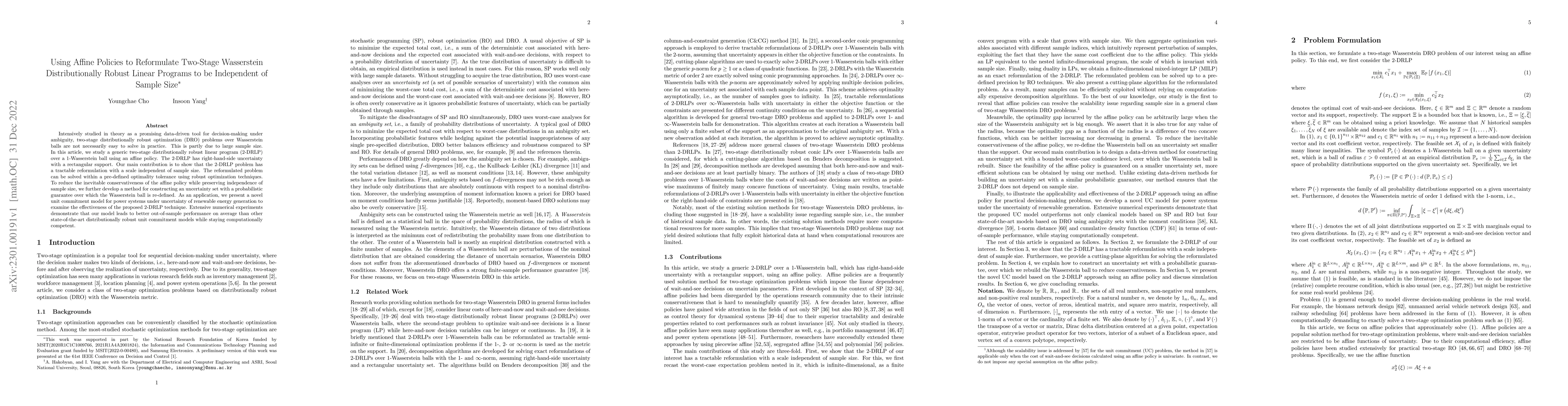 Thumbnail for Using affine policies to reformulate two-stage Wasserstein
  distributionally robust linear programs to be independent of sample size