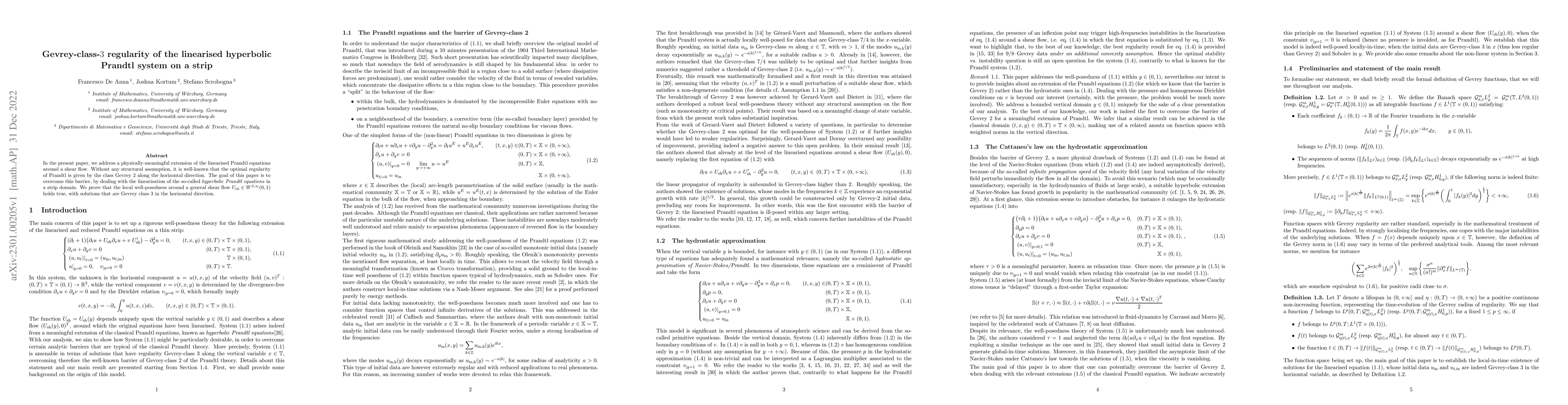 Thumbnail for Gevrey-class-3 regularity of the linearised hyperbolic Prandtl system on
  a strip