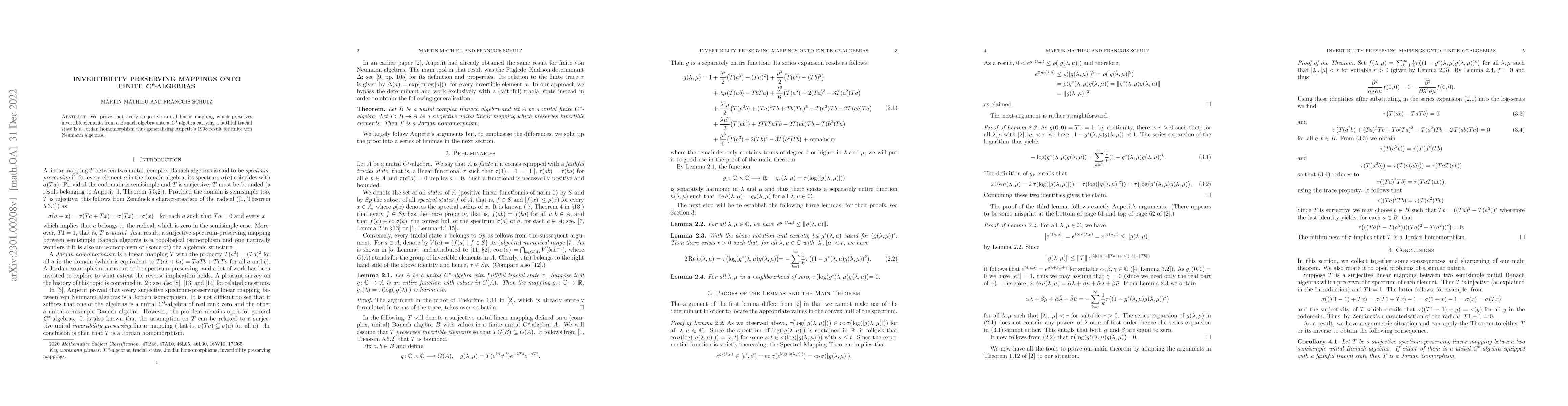 Thumbnail for Invertibility preserving mappings onto finite C*-algebras