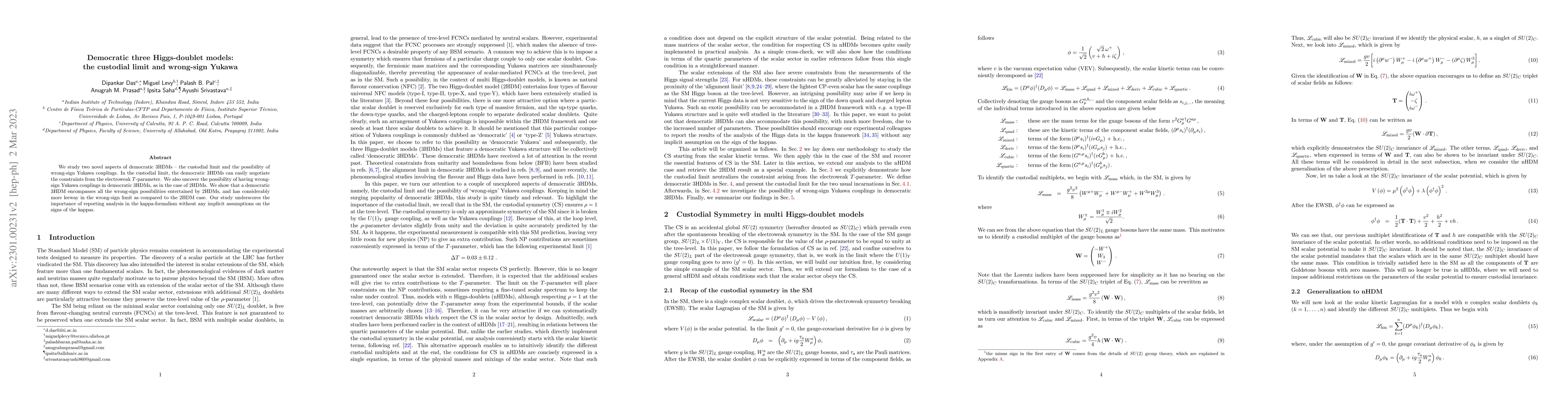 Thumbnail for Democratic three Higgs-doublet models: the custodial limit and
  wrong-sign Yukawa