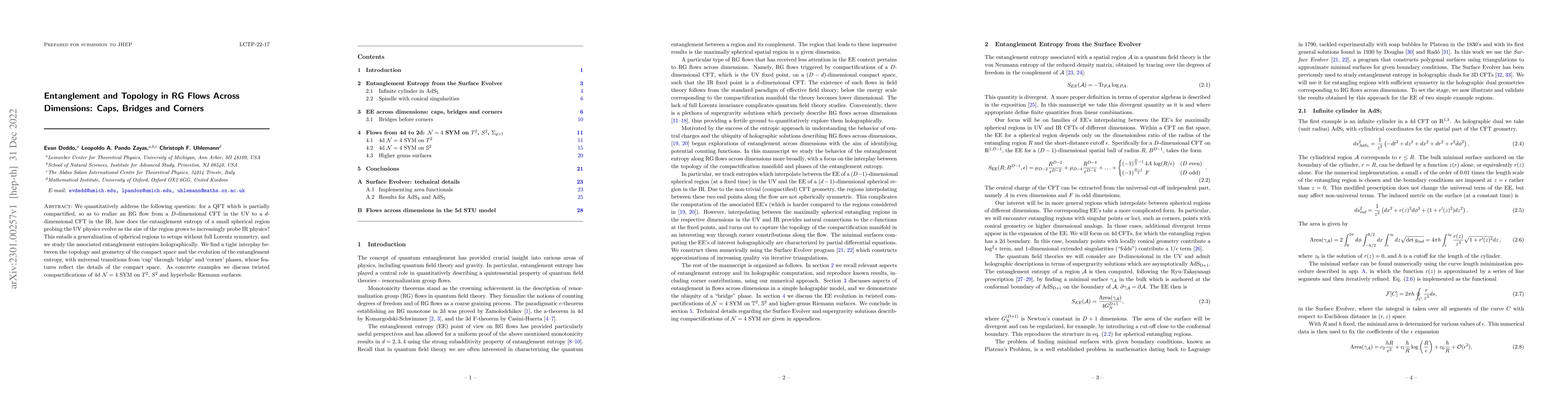 Thumbnail for Entanglement and Topology in RG Flows Across Dimensions: Caps, Bridges
  and Corners