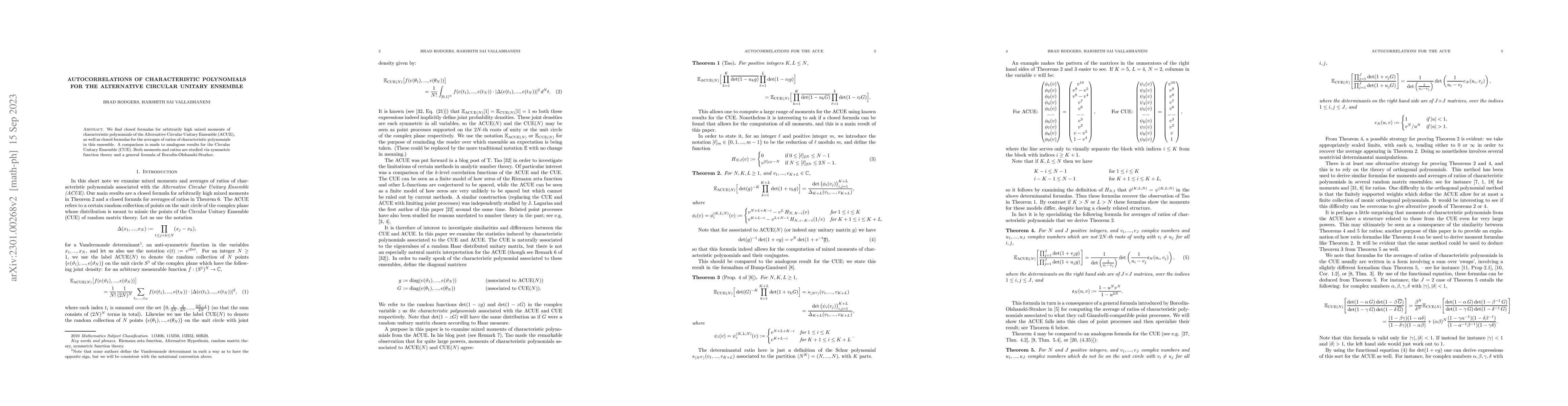 Thumbnail for Autocorrelations of characteristic polynomials for the Alternative
  Circular Unitary Ensemble