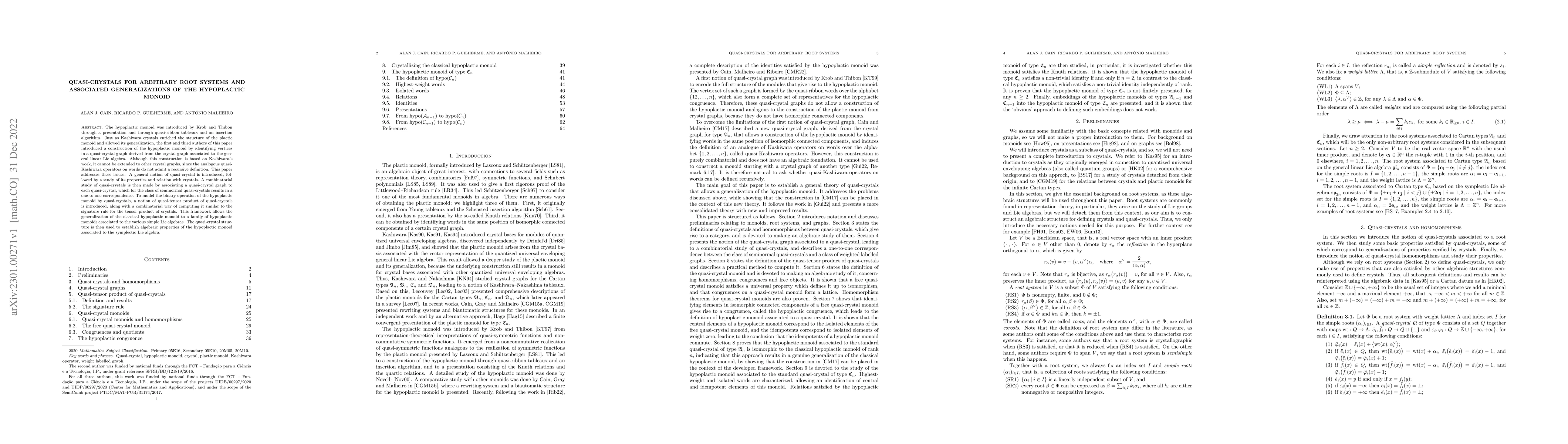 Thumbnail for Quasi-crystals for arbitrary root systems and associated generalizations
  of the hypoplactic monoid