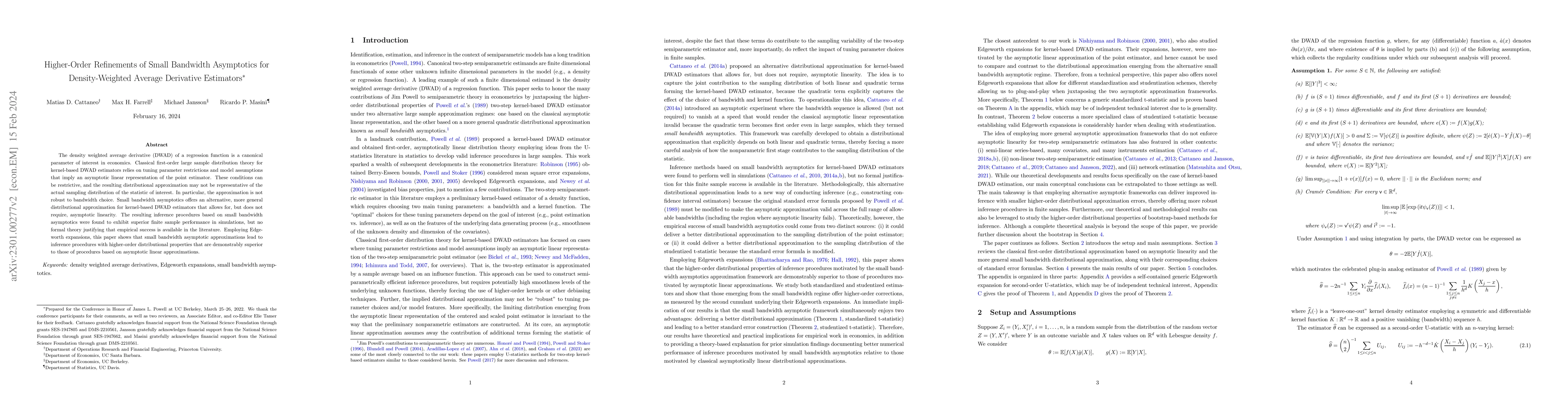 Thumbnail for Higher-order Refinements of Small Bandwidth Asymptotics for
  Density-Weighted Average Derivative Estimators