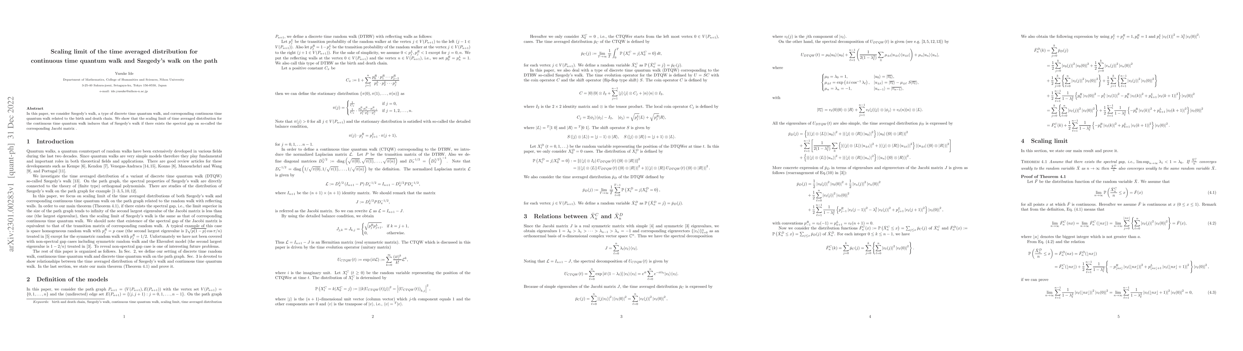 Thumbnail for Scaling limit of the time averaged distribution for continuous time
  quantum walk and Szegedy's walk on the path