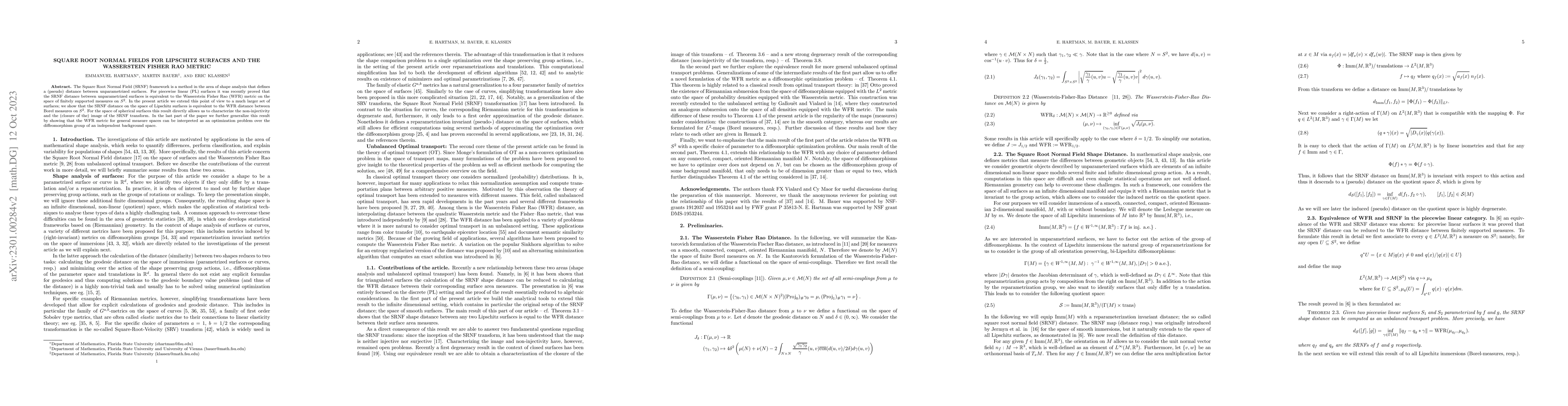 Thumbnail for Square Root Normal Fields for Lipschitz surfaces and the Wasserstein
  Fisher Rao metric