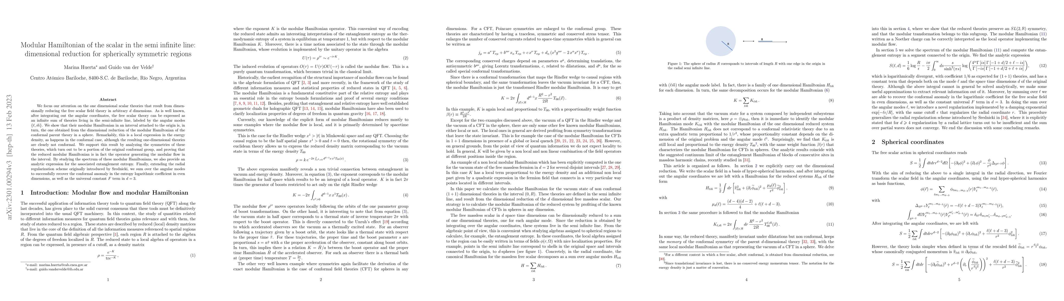 Thumbnail for Modular Hamiltonian of the scalar field in the semi infinite line:
  dimensional reduction for spherically symmetric regions