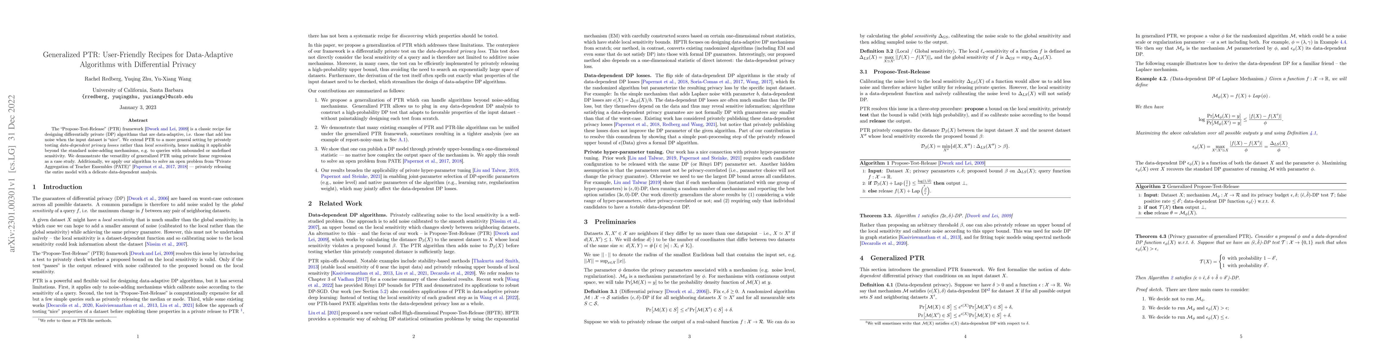 Thumbnail for Generalized PTR: User-Friendly Recipes for Data-Adaptive Algorithms with
  Differential Privacy