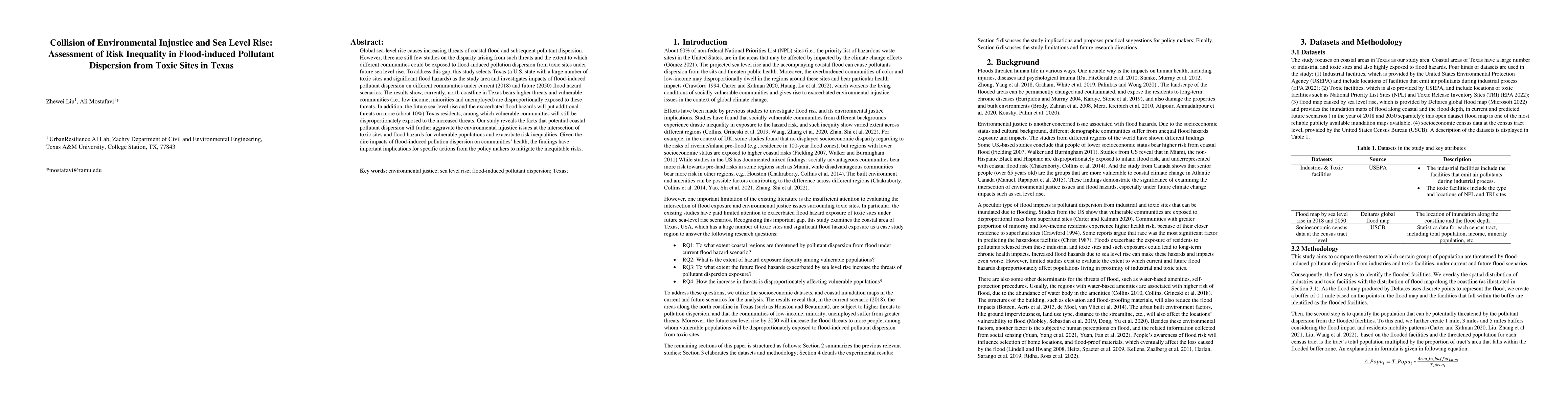 Thumbnail for Collision of Environmental Injustice and Sea Level Rise: Assessment of
  Risk Inequality in Flood-induced Pollutant Dispersion from Toxic Sites in
  Texas