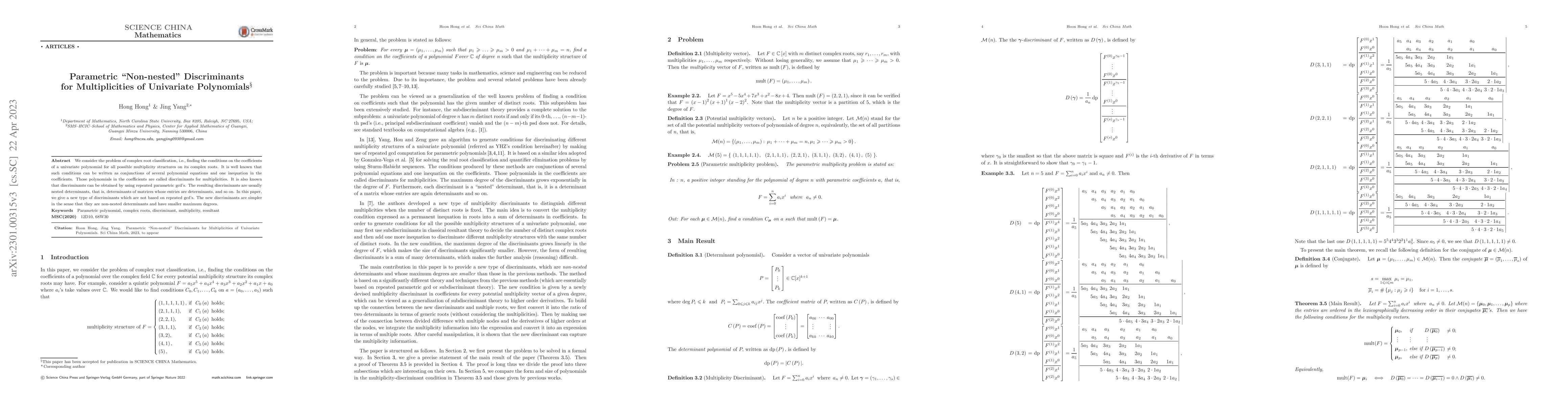Thumbnail for Parametric "Non-nested" Discriminants for Multiplicities of Univariate
  Polynomials