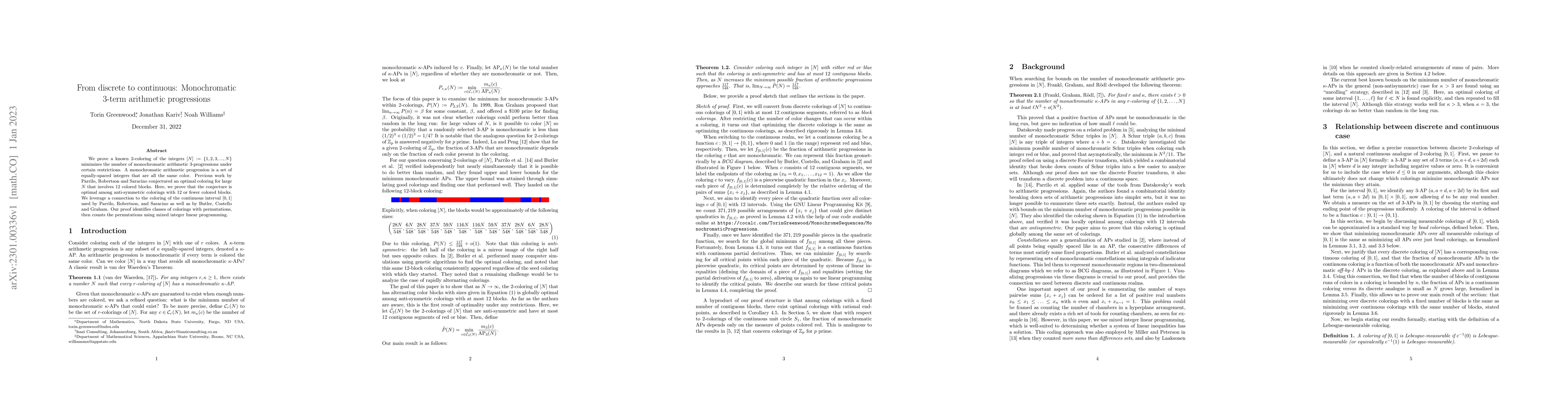 Thumbnail for From discrete to continuous: Monochromatic 3-term arithmetic
  progressions