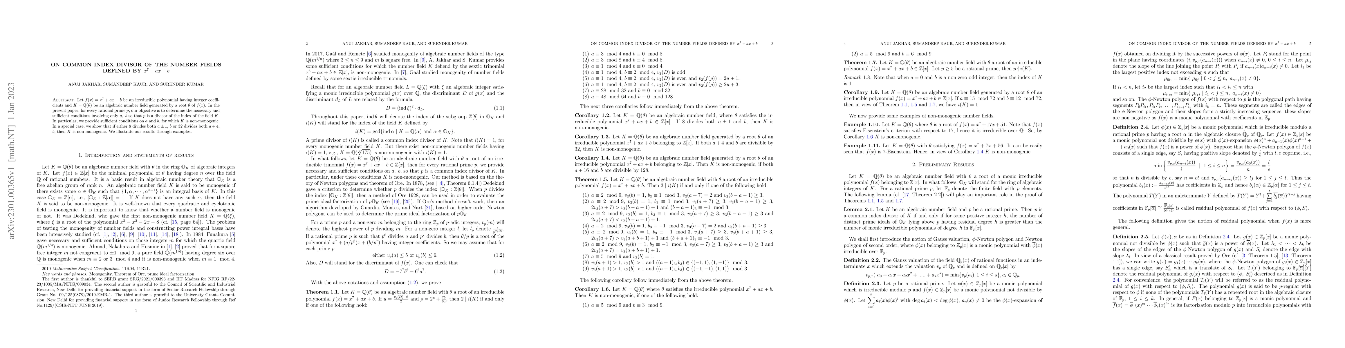 Thumbnail for On common index divisor of the number fields defined by $x^7+ax+b$
