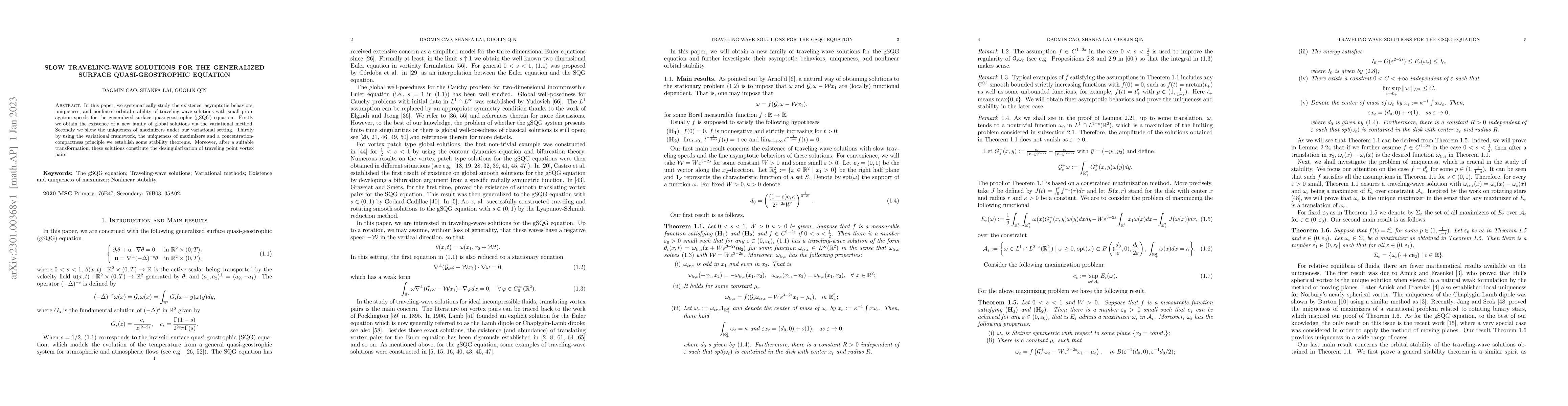 Thumbnail for Slow traveling-wave solutions for the generalized surface
  quasi-geostrophic equation