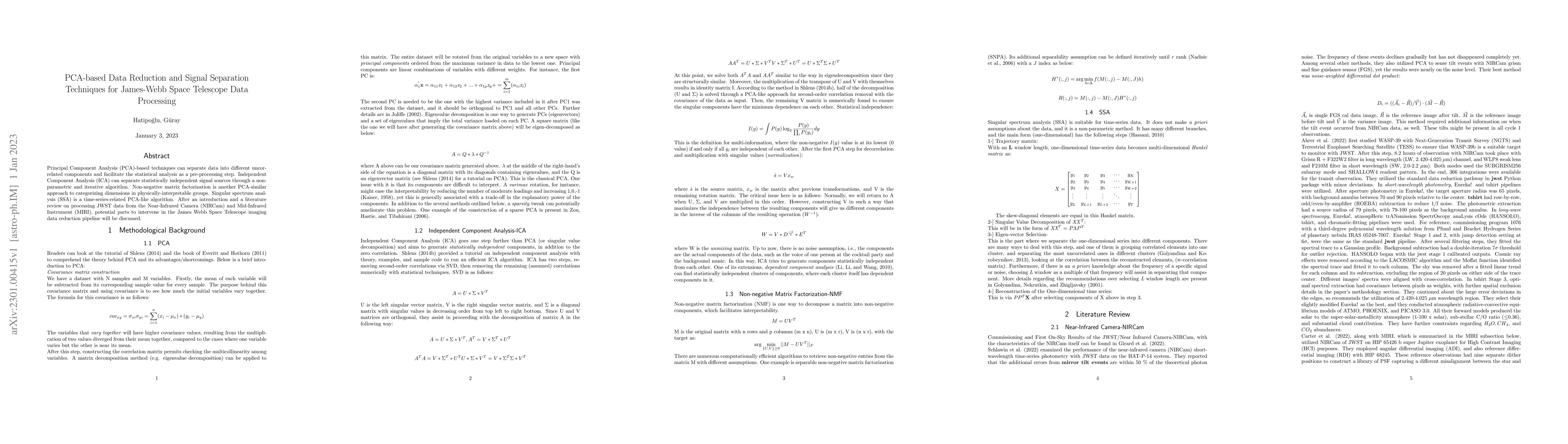 Thumbnail for PCA-based Data Reduction and Signal Separation Techniques for James-Webb
  Space Telescope Data Processing