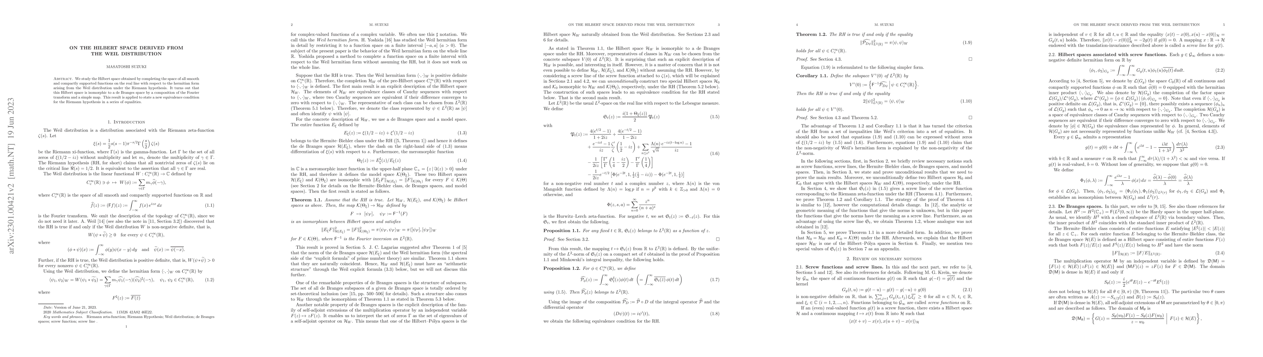 Thumbnail for On the Hilbert space derived from the Weil distribution